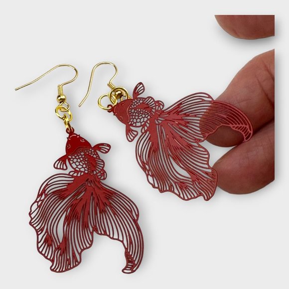 Red Koi Fish Earrings Gold Plated French Hook Ear Wires - Picture 2 of 6